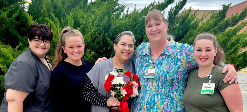 Pictured L to R: Christine Cecire – Medical Surgical CNA; Britta Hervi – Women’s Health CNA ; Yolanda Petermann – Welch Cancer Center; Amber Clearwater – Emergency Department CNA; and Alabama Patterson – Transitional Care Unit CNA.
